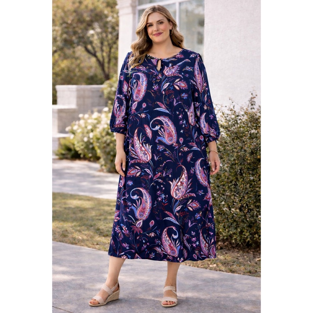 Talbots Winding Paisley Print Midi Dress Navy 3/4 Sleeve Size 16 Knit Jersey